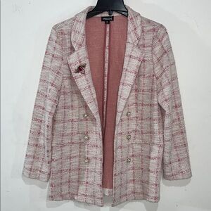Messini Pink White Gold Soft Tweed Plaid Blazer with Personally Added Brooch